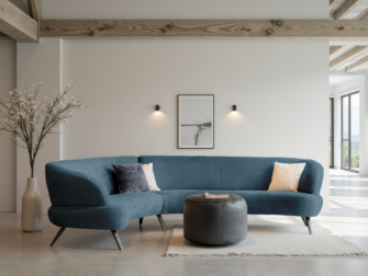 Donkerblauwe gebogen bank met elegante uitstraling