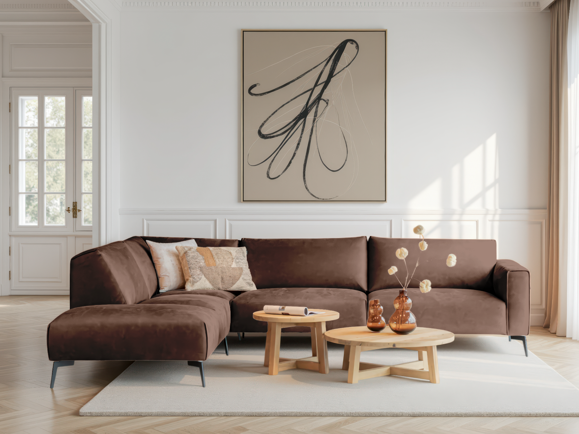 Chocoladebruine hoekbank met royale zitting en eigentijds ontwerp