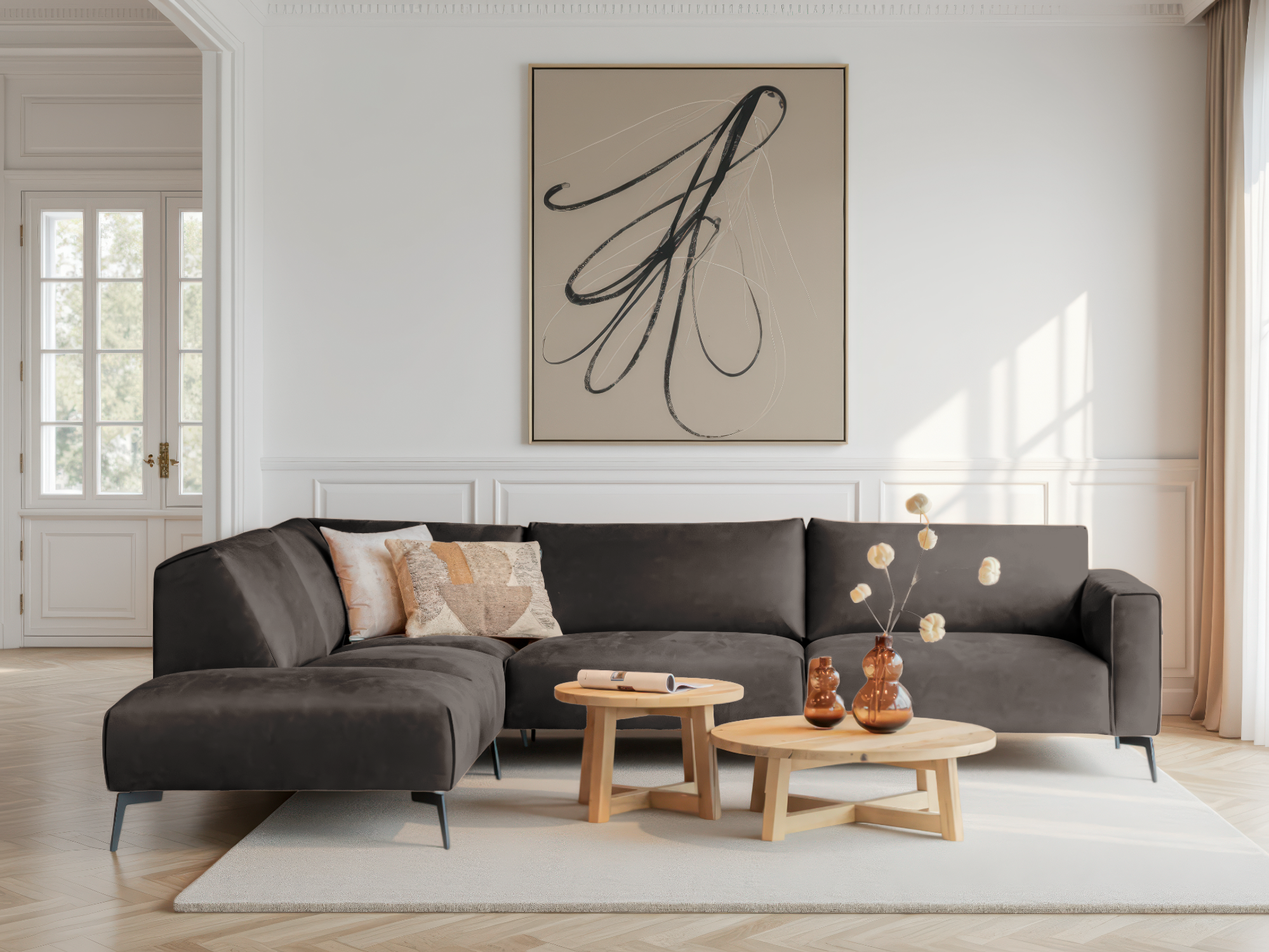 Donkergrijze hoekbank met robuuste uitstraling en comfortabele rugkussens