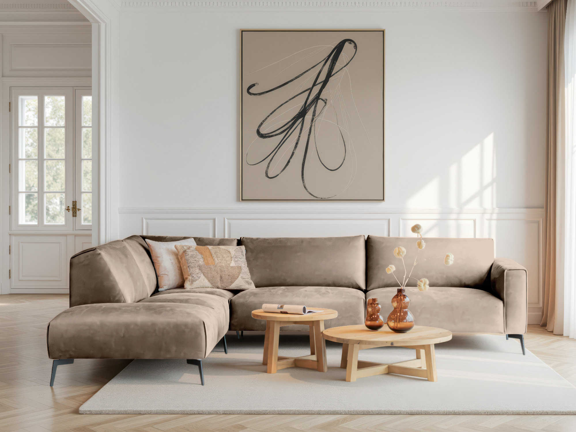 Lichtbeige hoekbank met strakke vormen en uitnodigend zitcomfort