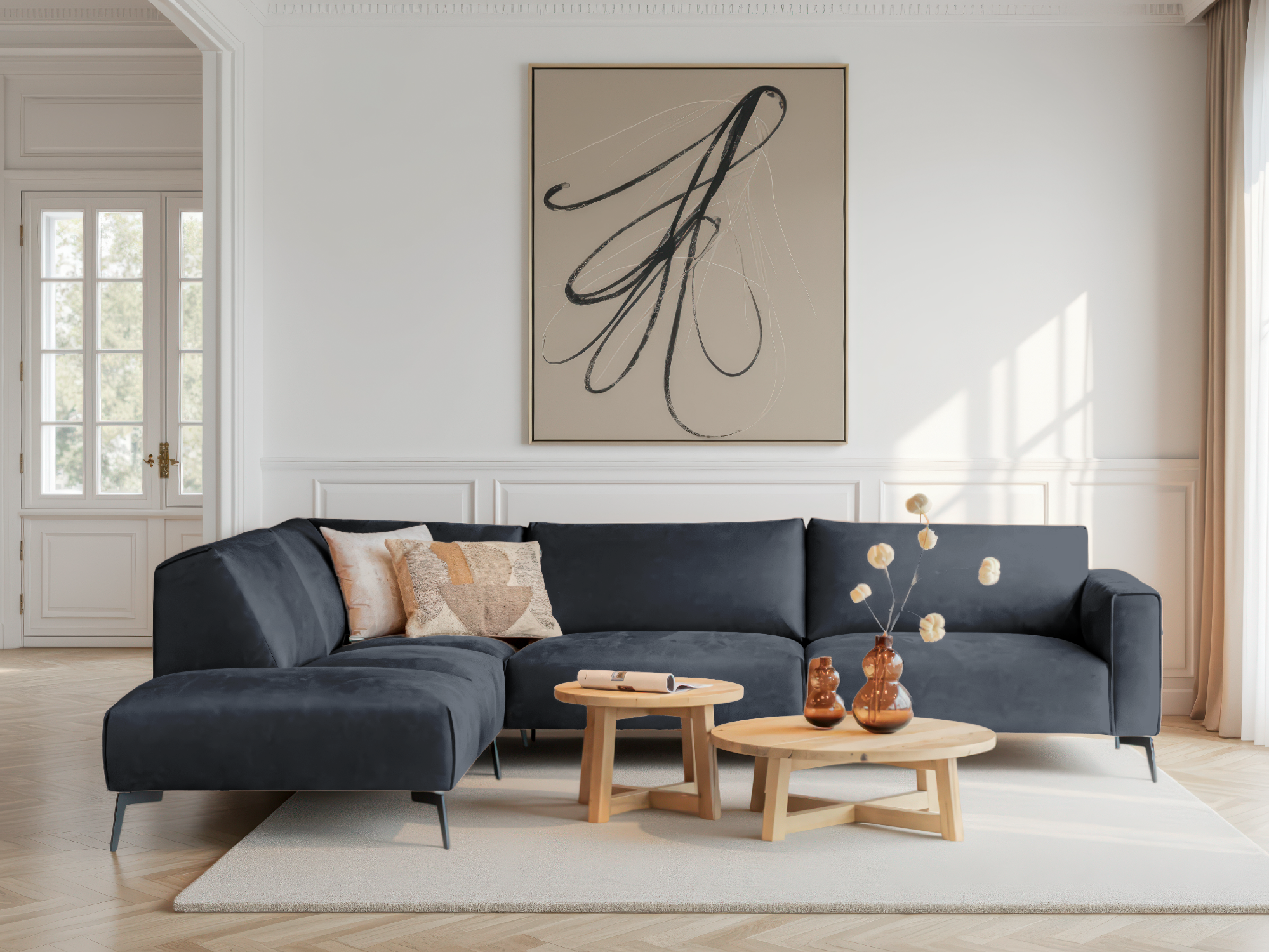 Donkerblauwe hoekbank met moderne look en stevige stoffering