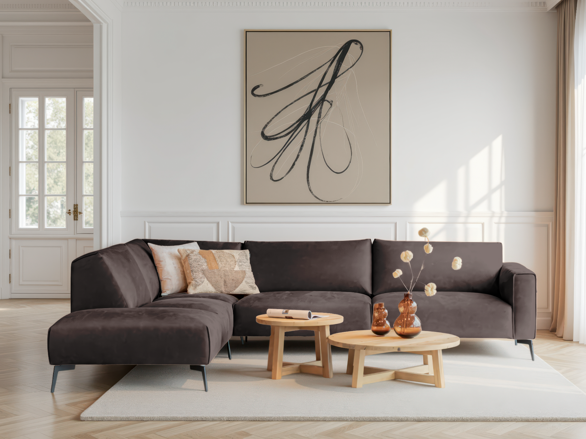 diep bruine kleurige hoekbank met robuuste afwerking en diepe zit