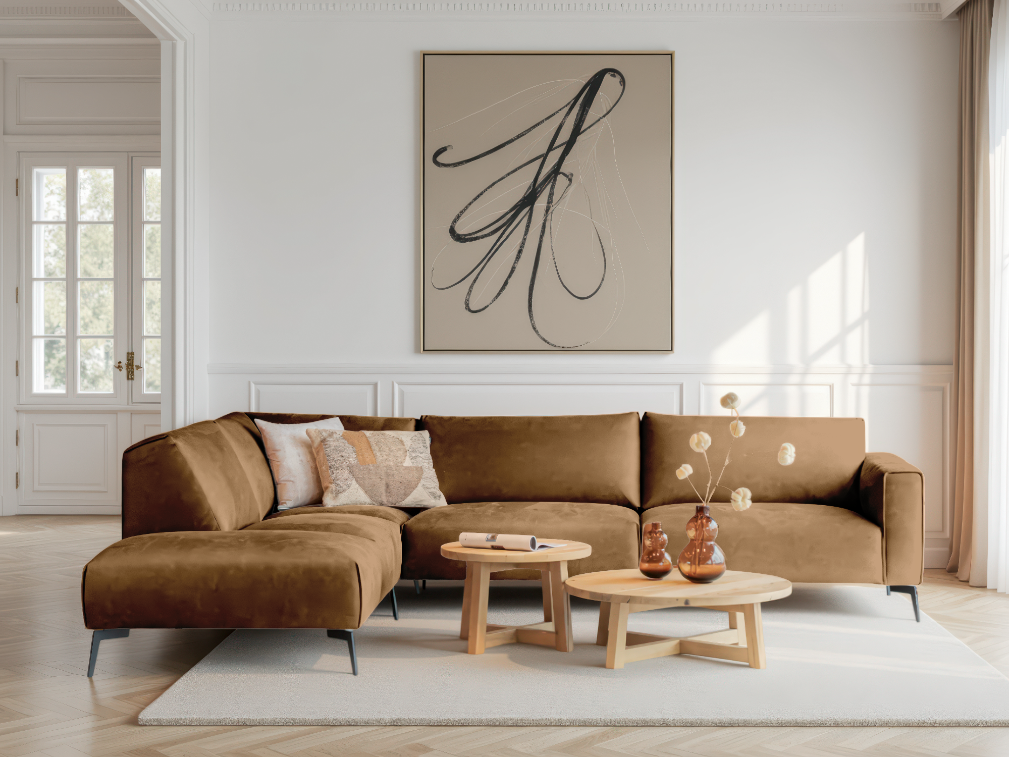 Goudbruine hoekbank met warme uitstraling en zachte bekleding