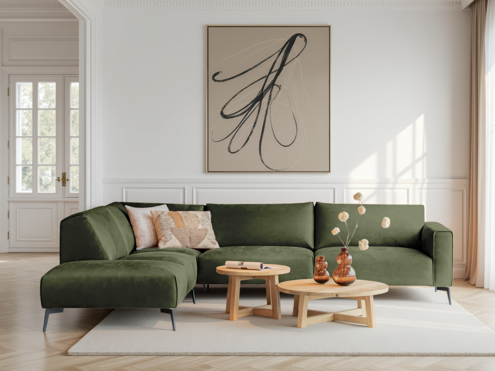 Donkergroene hoekbank met moderne vormgeving en comfortabele leuning