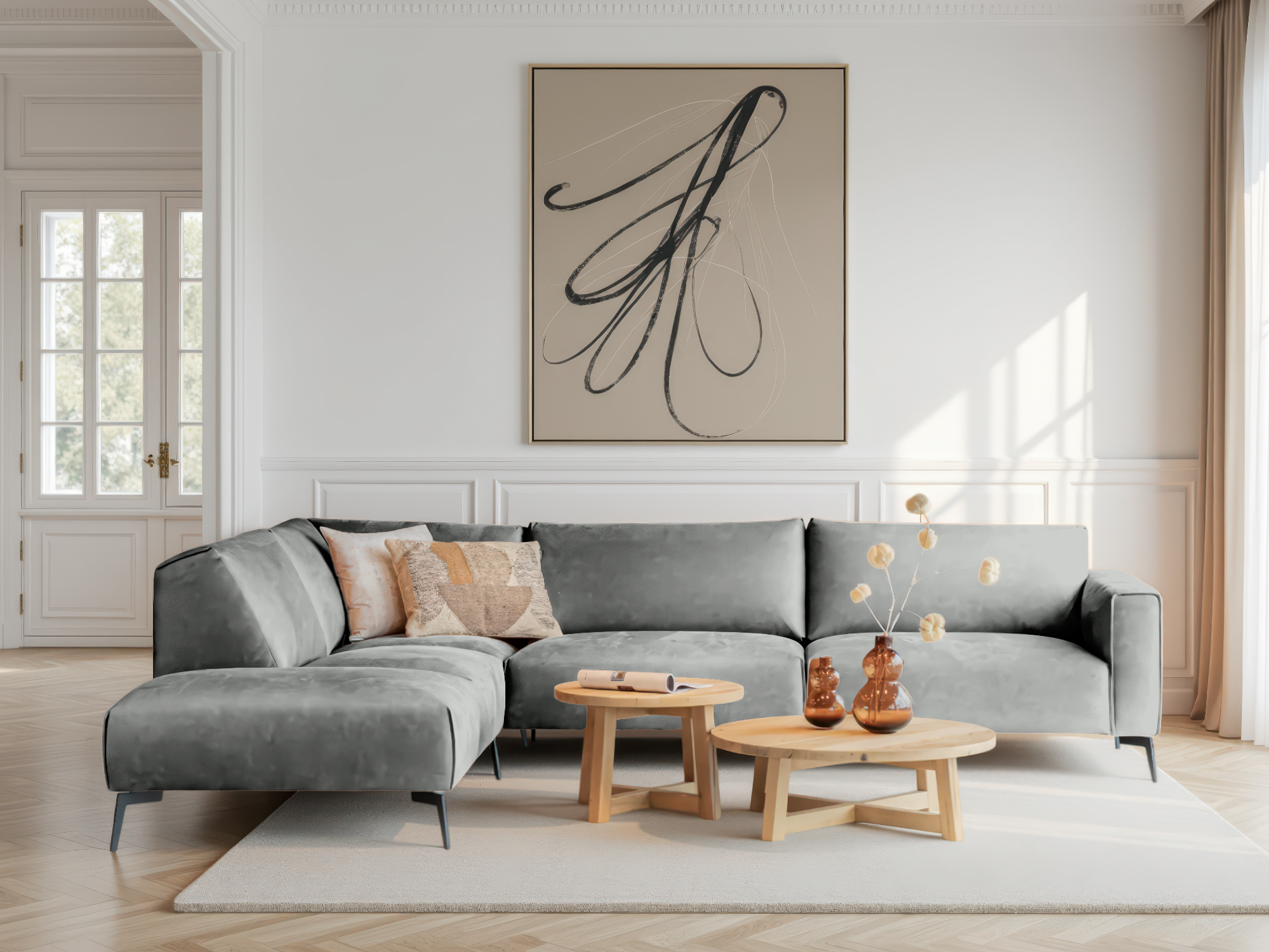 Lichtgrijze hoekbank met zachte stof en royale zitvlakken