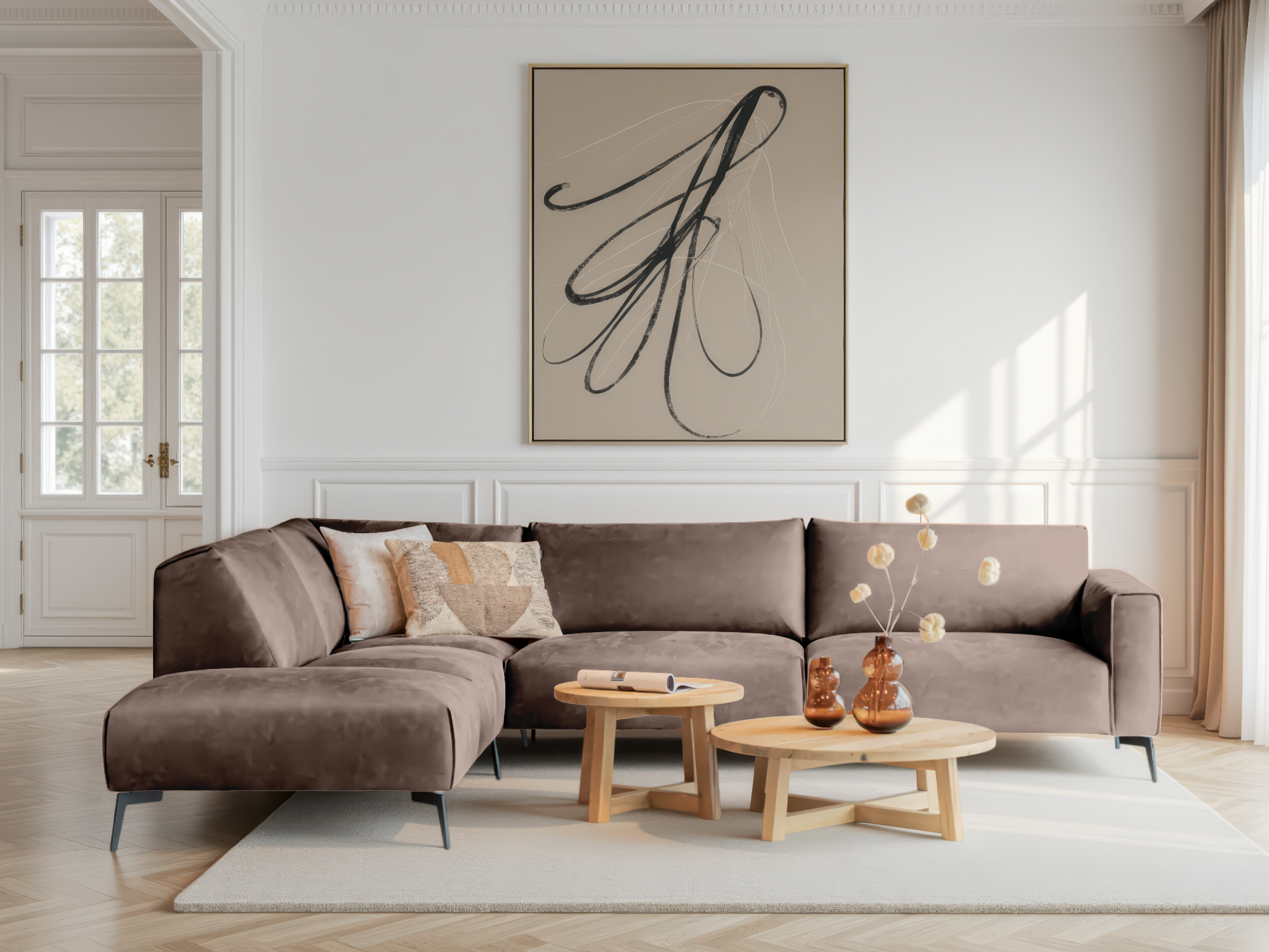 Chocoladebruine hoekbank met warme kleurtoon en royale afmeting