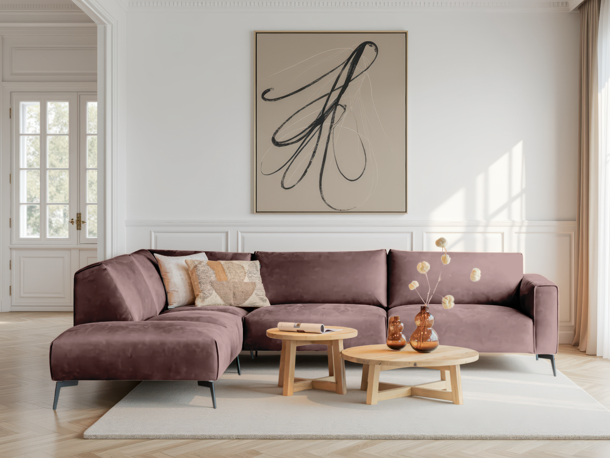 Oudroze hoekbank met fluweelachtige bekleding en afgeronde hoeken