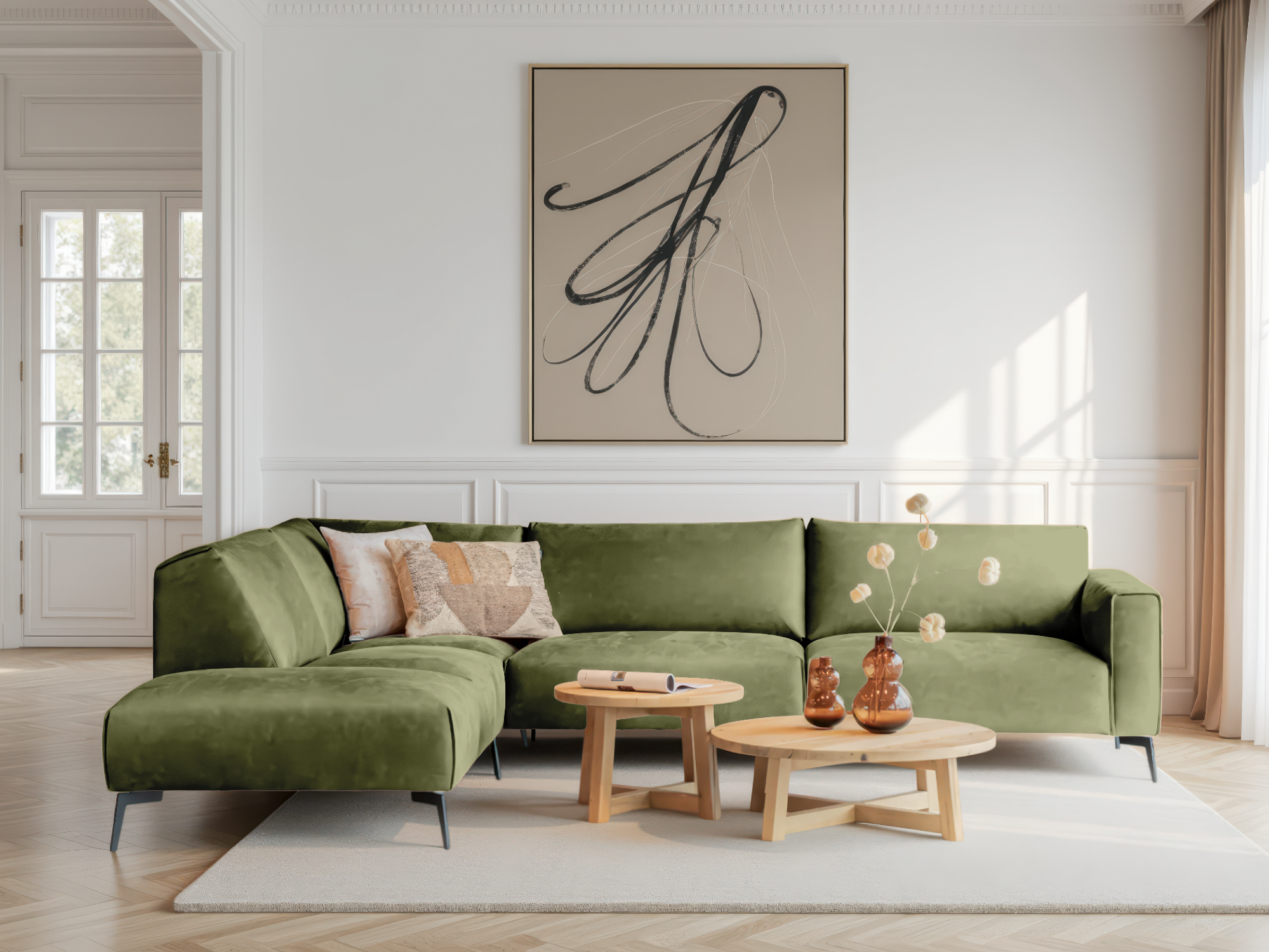 Mosgroene hoekbank met compacte vorm en comfortabele zitvlakken