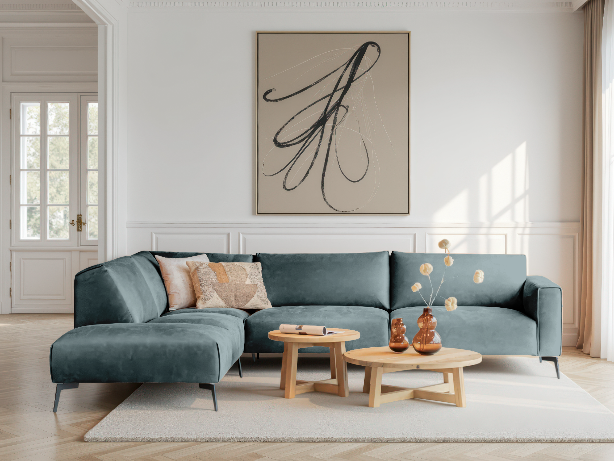 Blauwgroene hoekbank met een moderne, luxe uitstraling