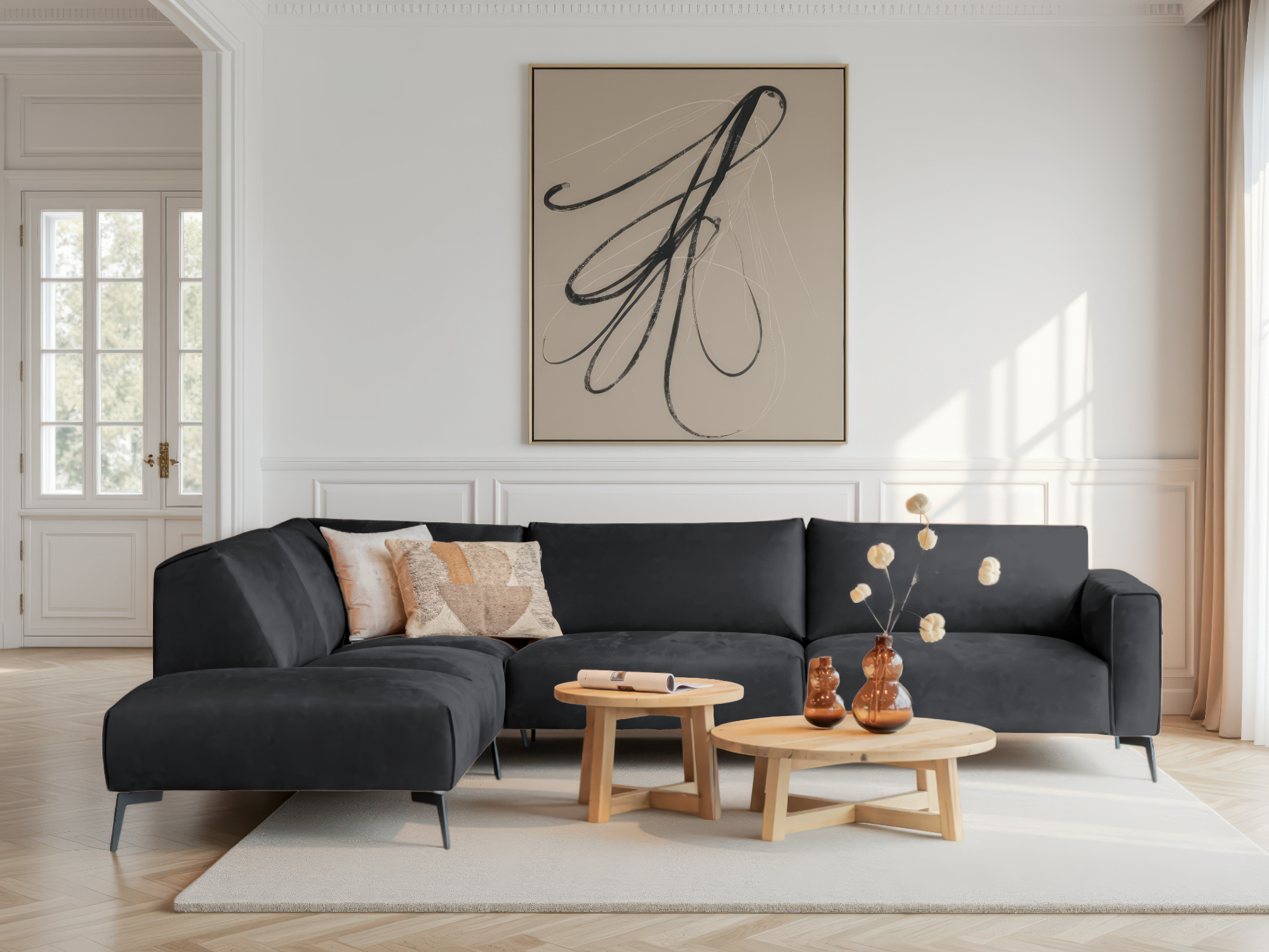 Antracietkleurige hoekbank met strakke vormgeving en diepe zitting