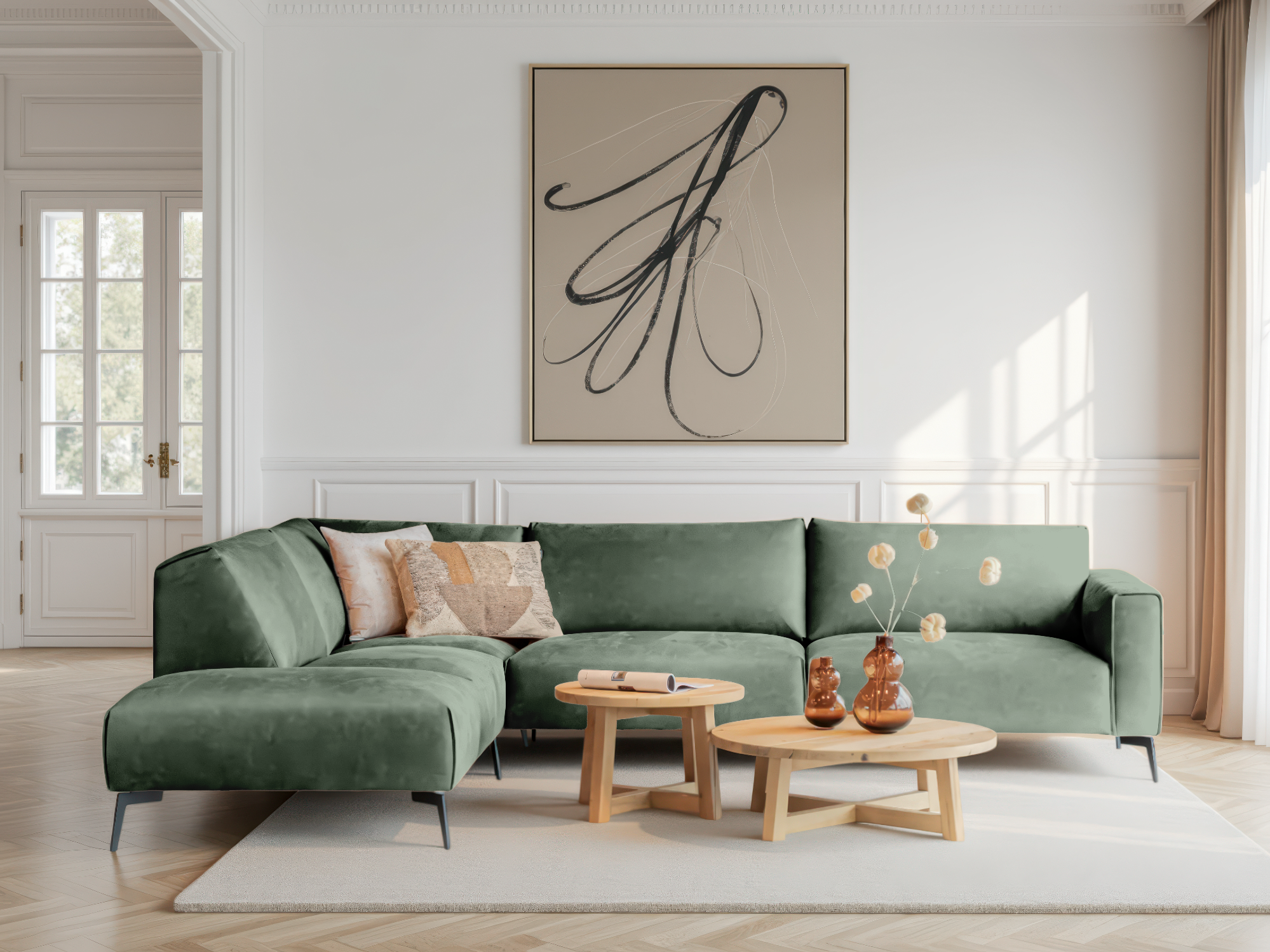 Lichtgroene hoekbank met strakke lijnen en een uitnodigende zit