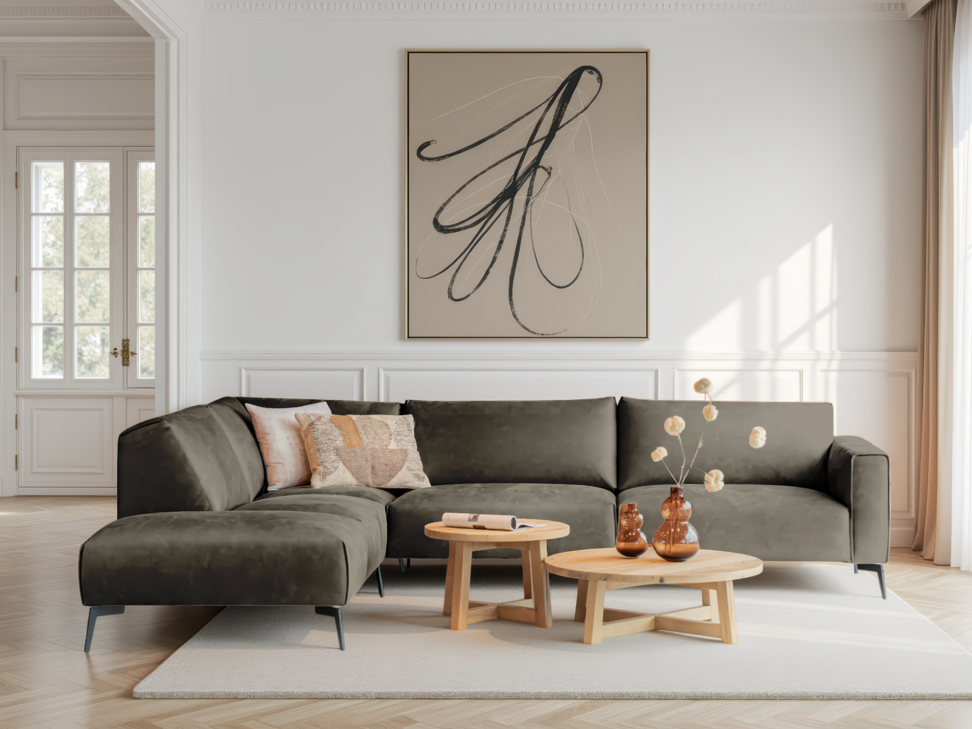 Donkergrijze hoekbank met ruime zit en moderne uitstraling