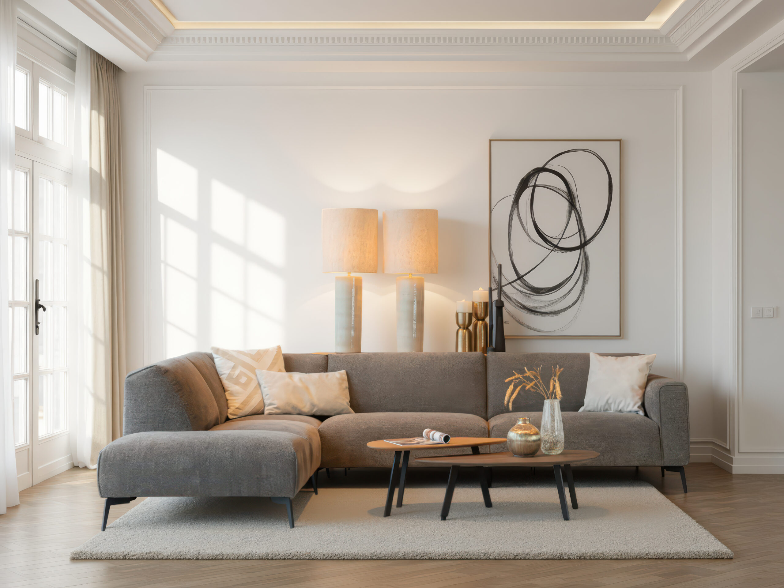 Stijlvolle bank met vaste rugleuning en slanke poten