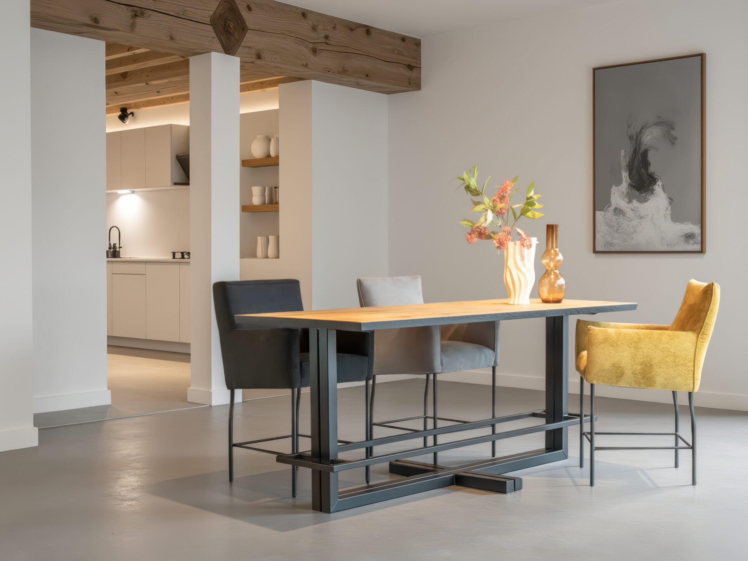 Massief eiken bartafel met verfijnde afwerking en moderne belijning