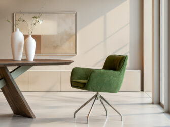 Eetkamerstoel Athene - Eppic select gerra moss - onderstel a - metaalkleur champagne Draaibare eetkamerstoel met comfortabele kuipzitting en armleuningen