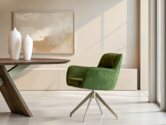 Eetkamerstoel Athene - Eppic select gerra moss - onderstel e - metaalkleur champagne Luxe kuipstoel voor stijlvol dineren aan een ronde tafel