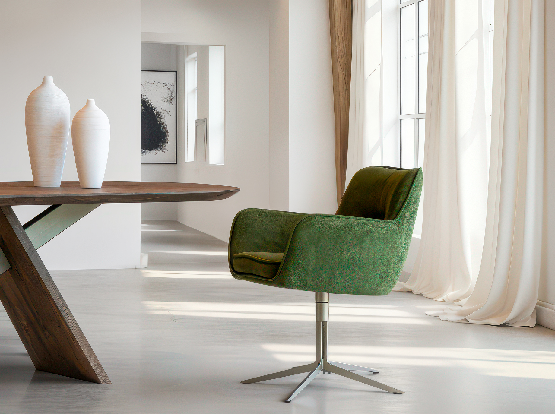 Groene eetkamerstoel met een strak, kruisvormig onderstel in geborsteld staal