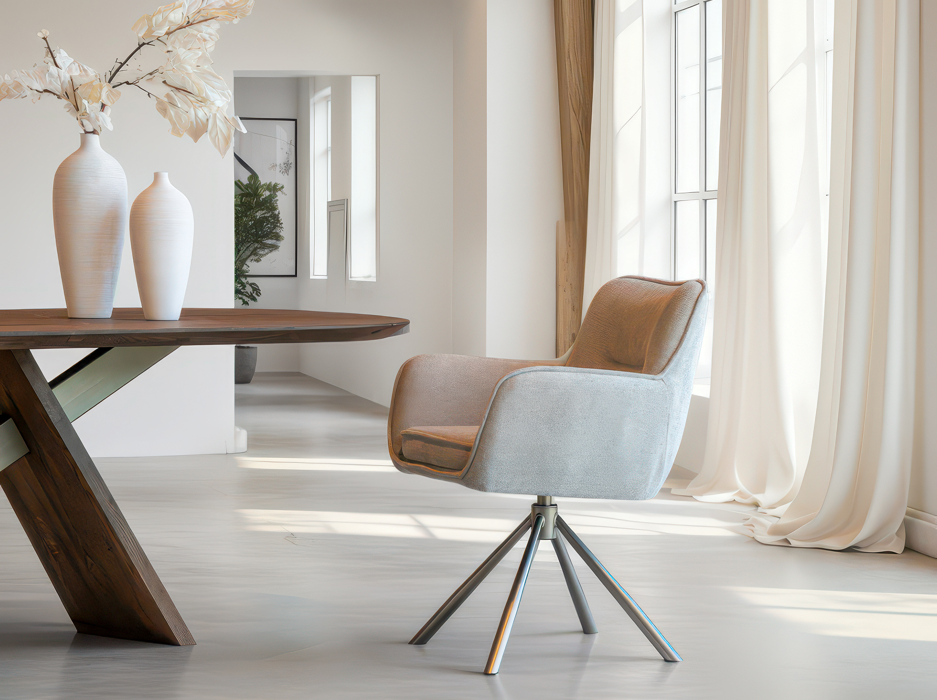 Moderne eetkamerstoel met draaibaar, metalen onderstel en een warme beig stofcombinatie