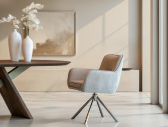 Eetkamerstoel Athene - mito beige - onderstel c - metaalkleur champagne Draaibare eetkamerstoel op moderne metalen poten