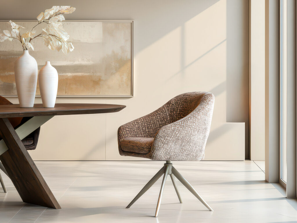 Design eetkamerstoel met ronde vormen en draaifunctie