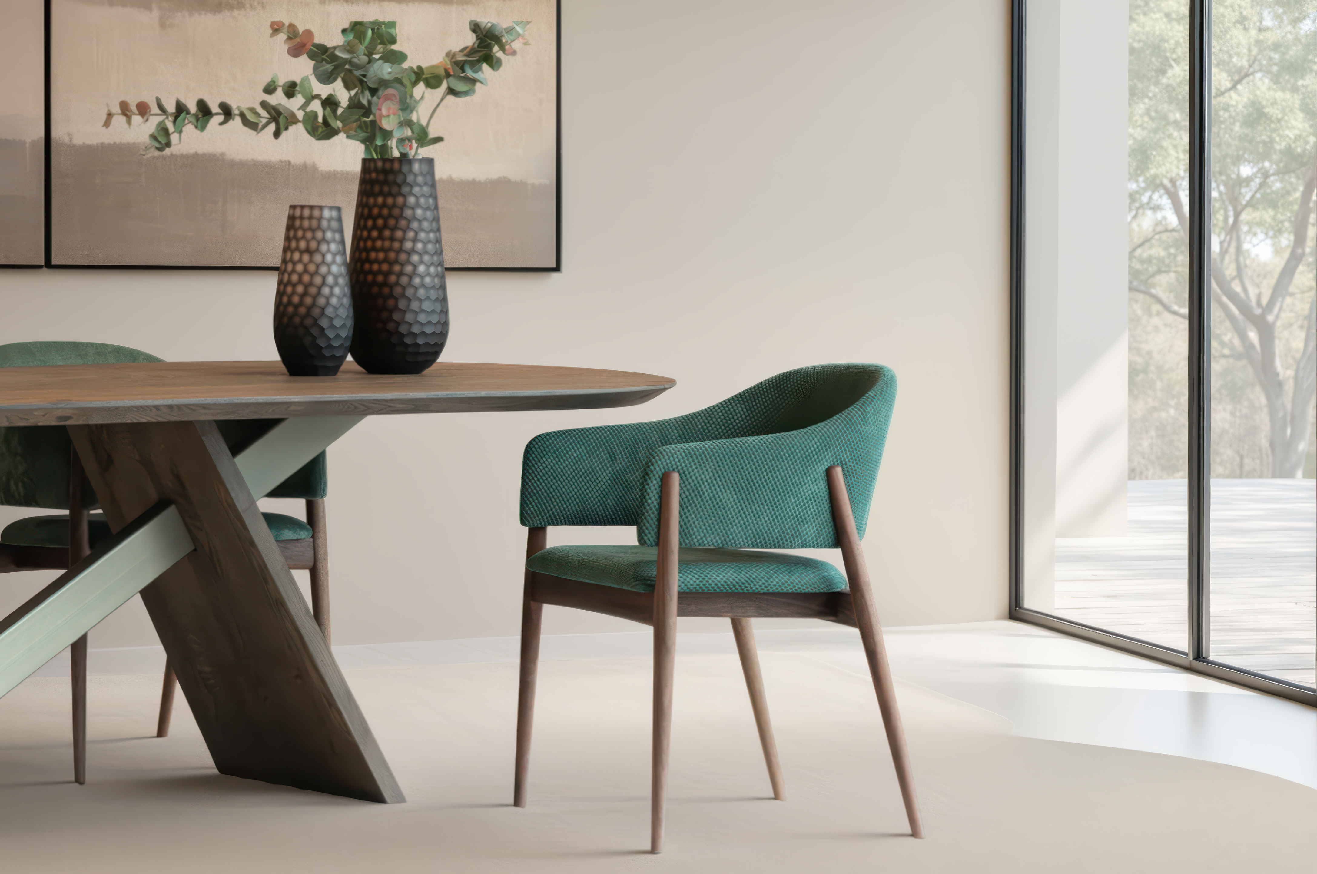 Designstoel met afgeronde rugleuning en zichtbare houten poten