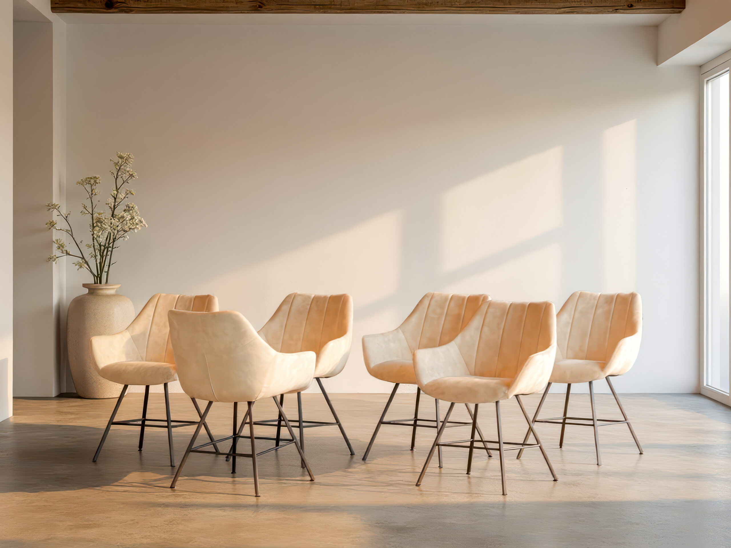6 eetkamerstoelen in lichte velvet stof