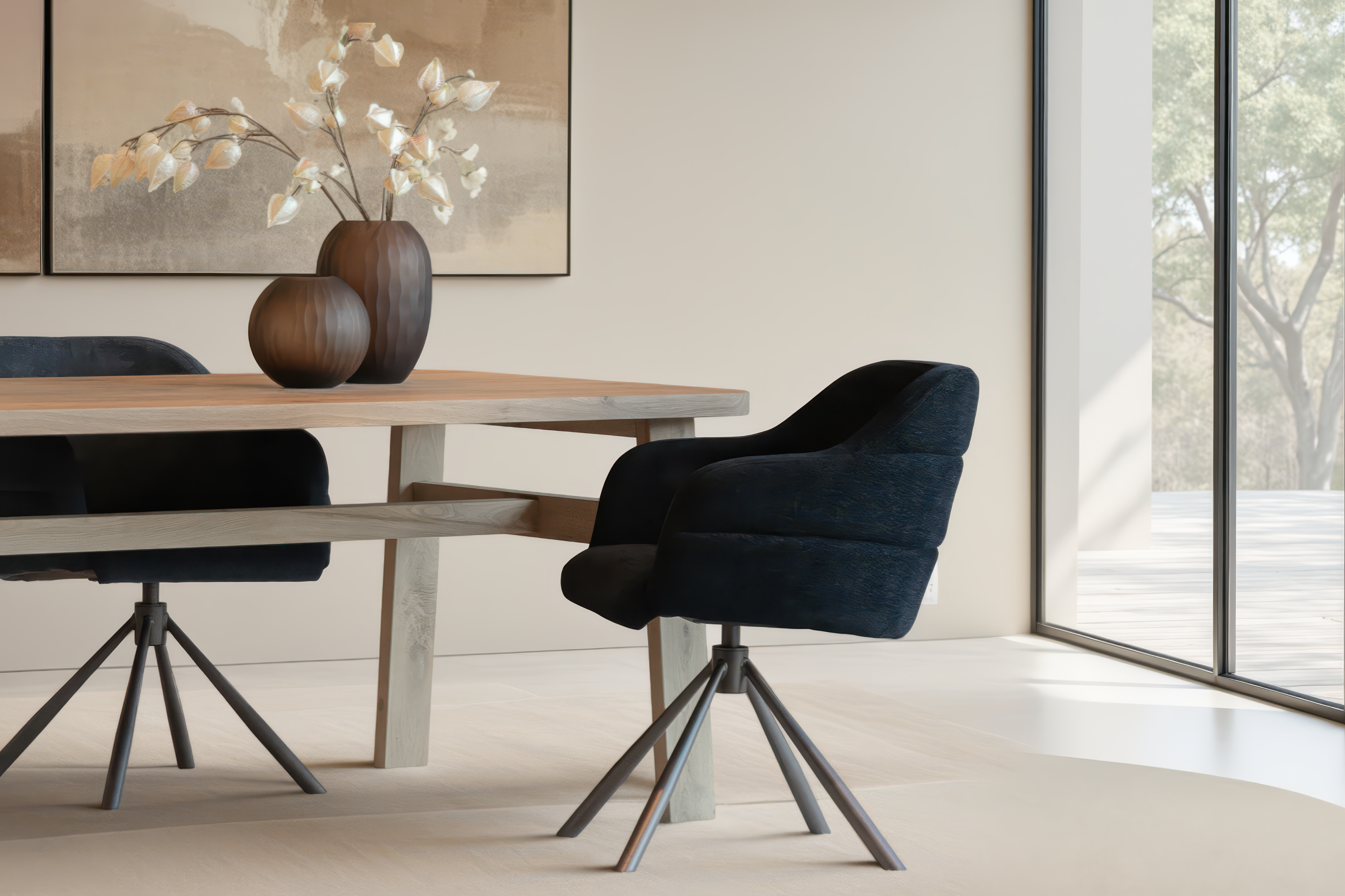 Donkerblauwe designstoel met zachte bekleding en moderne uitstraling