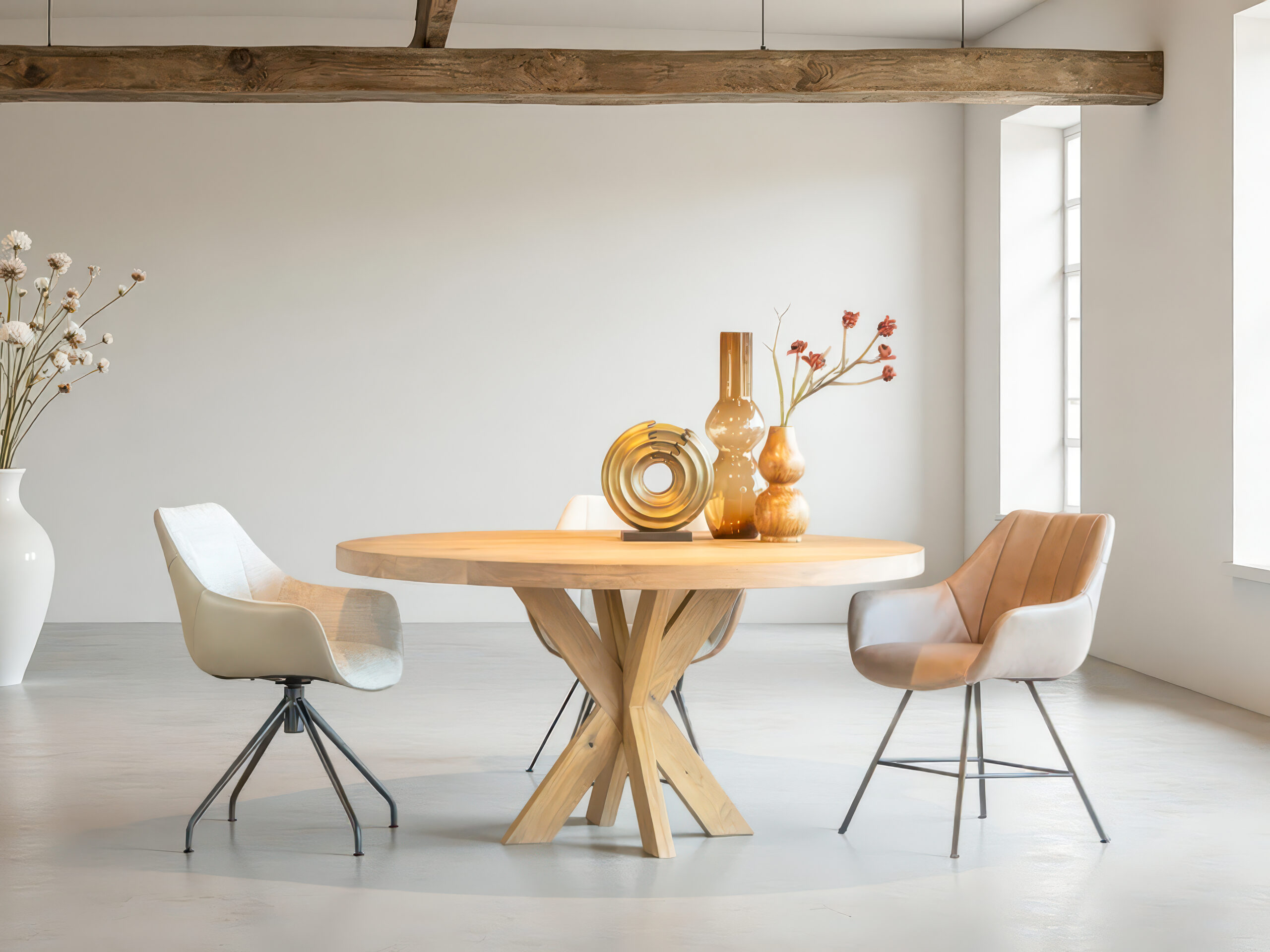 Beige eetkamerstoel met armleuningen en metalen poten