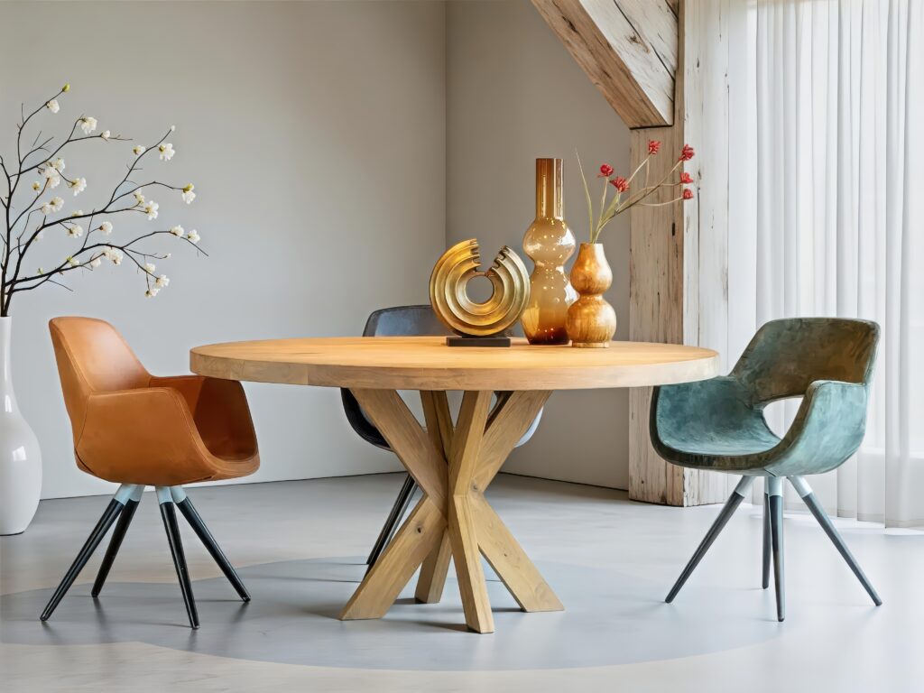 Trendy mix van eetkamerstoelen met modern houten frame