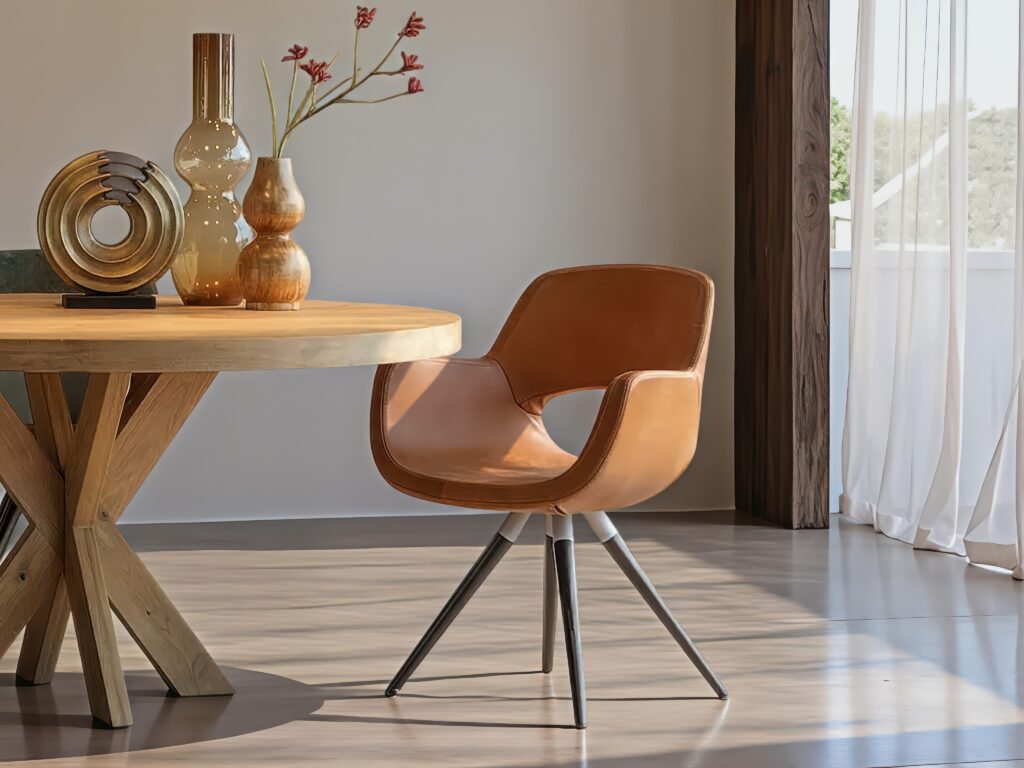 Comfortabele eetkamerstoel in cognac kleur met ronde poten