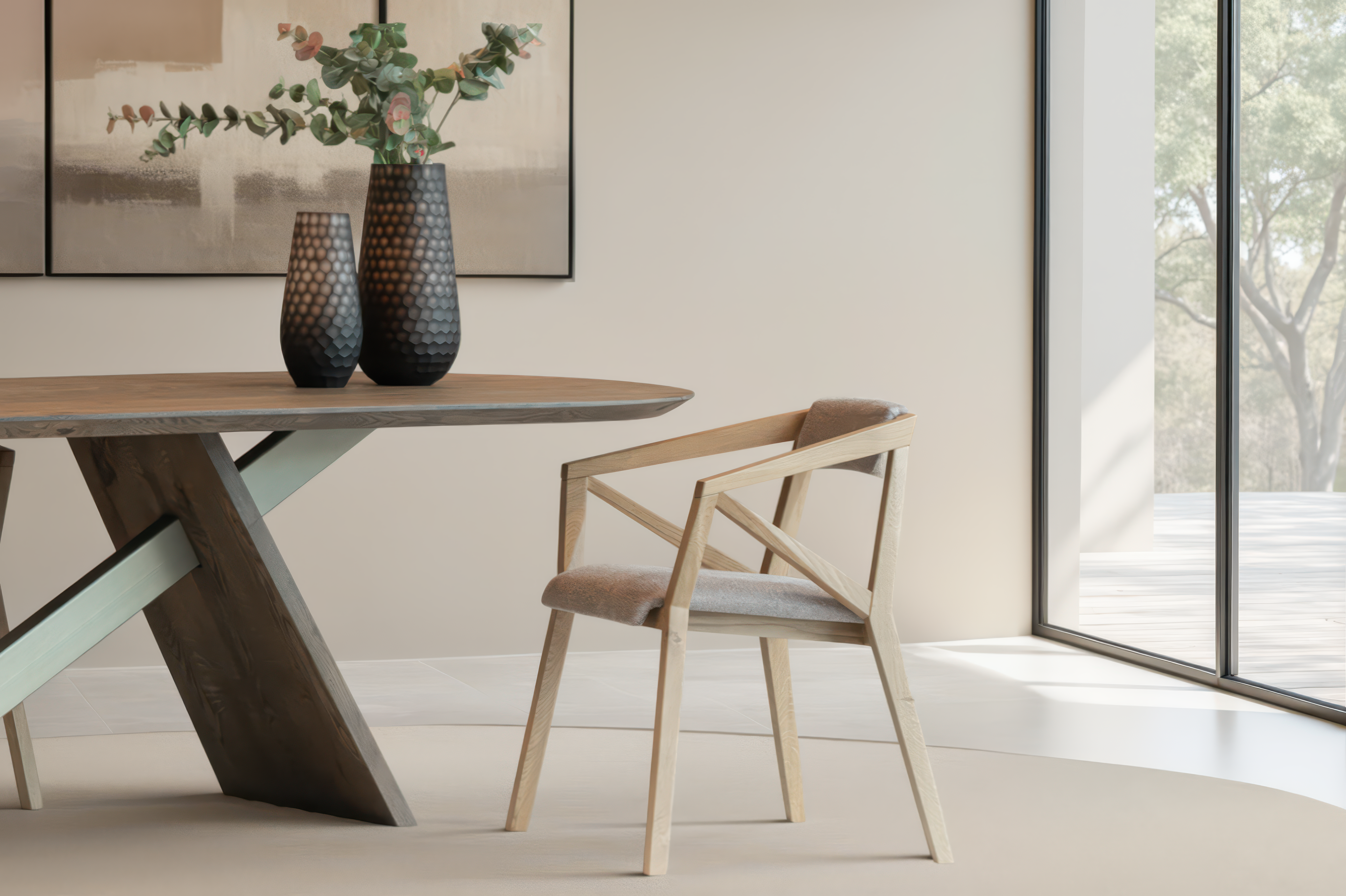 minimalistische eetkamerstoel met licht houten frame en gestoffeerde zitting