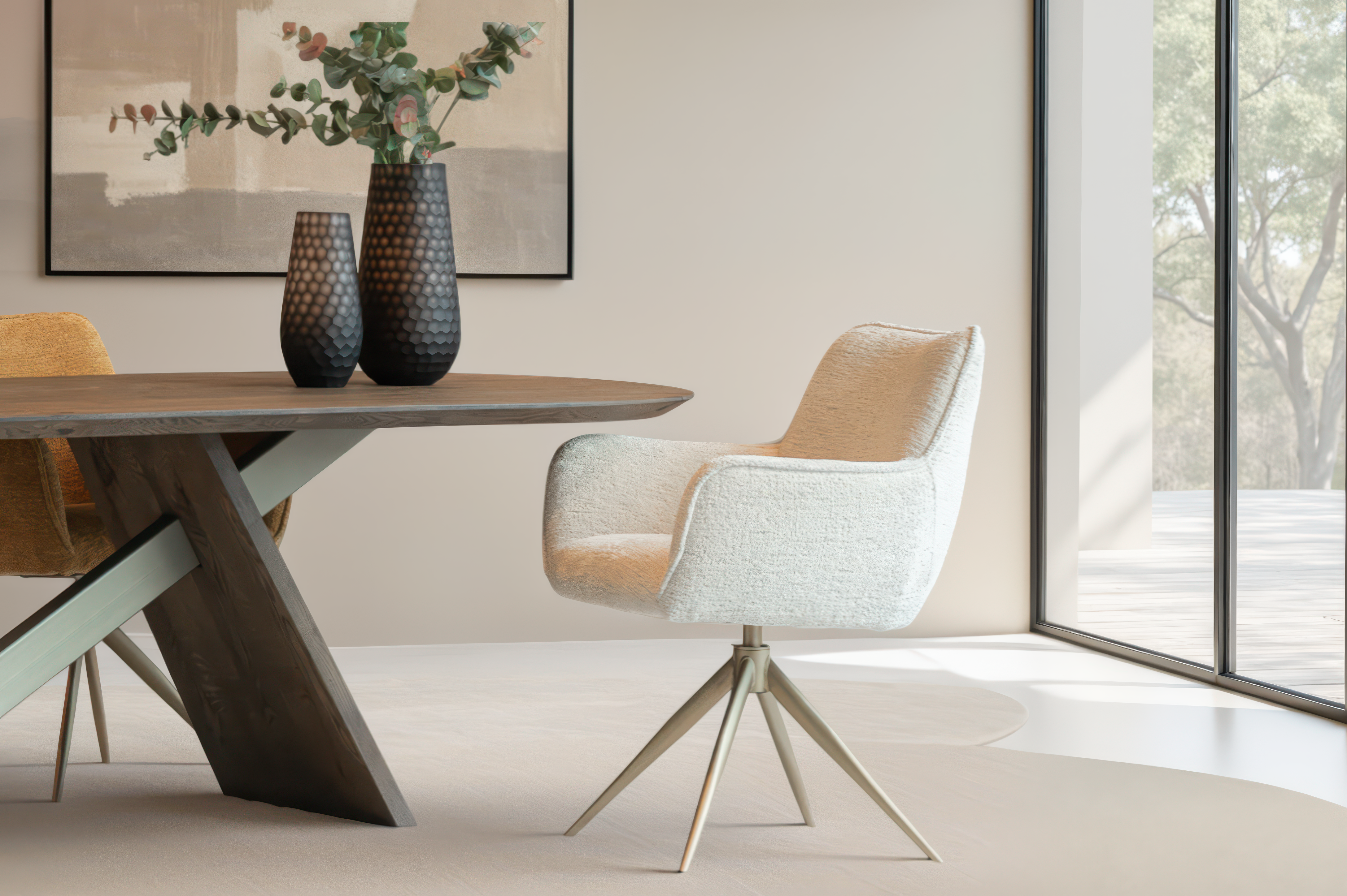 Chique designstoel met zachte bekleding en metalen draaibasis