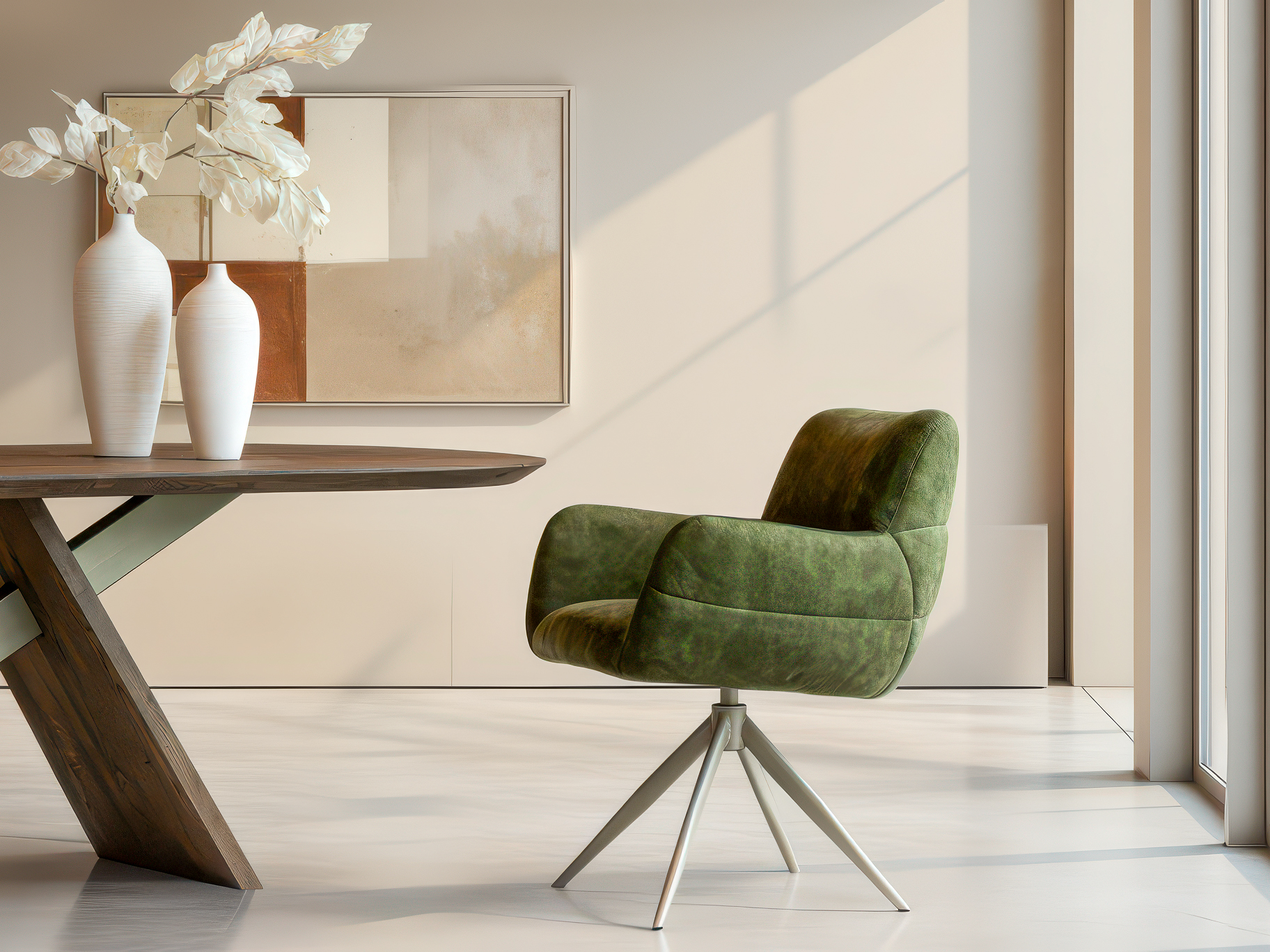 Designstoel voor de eethoek met draaibare poot en volle rugleuning