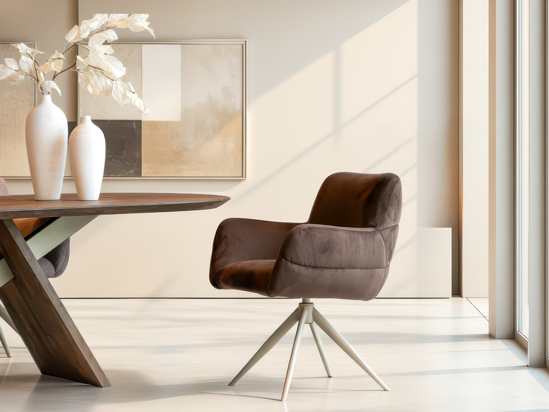 Moderne eetstoel met ronde vormen en metalen onderstel