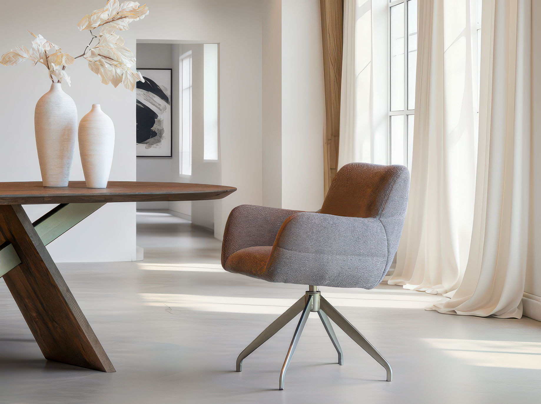 Velvet kuipstoel in bruintinten met draaibare, moderne voetstructuur