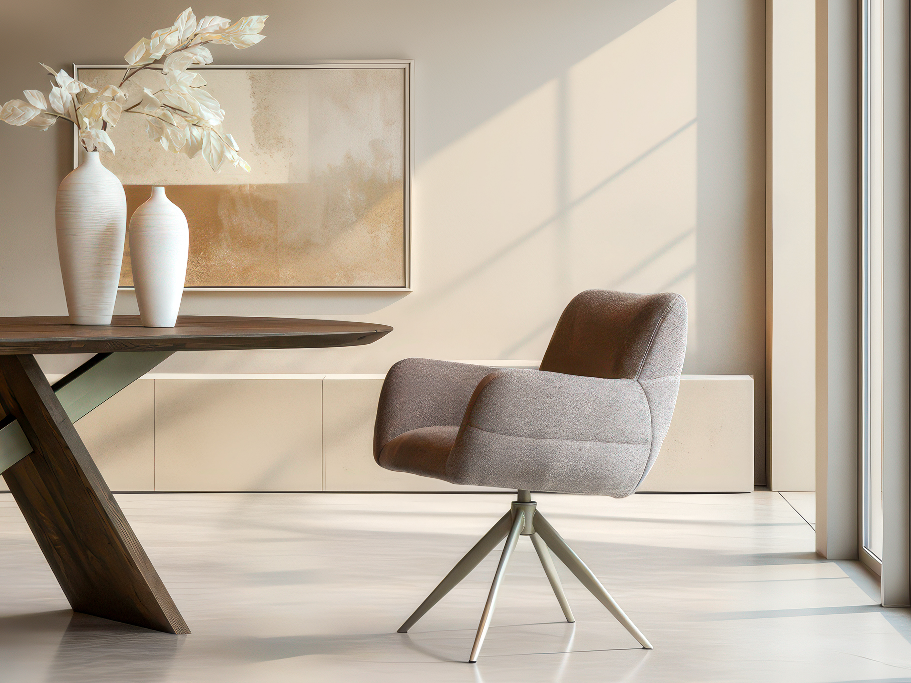 Luxe eetstoel met volle vormgeving en draaibaar onderstel