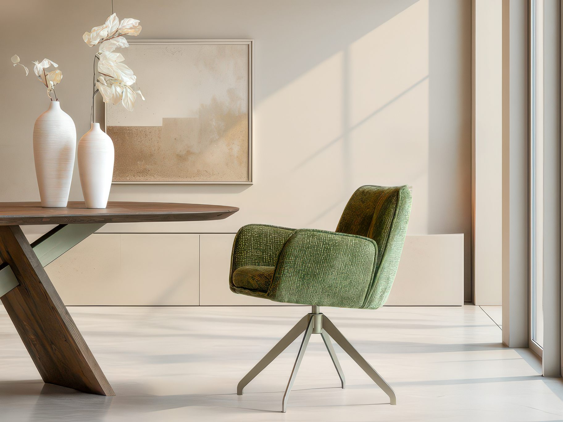 Draaistoel met moderne bekleding en een stabiel metalen onderstel