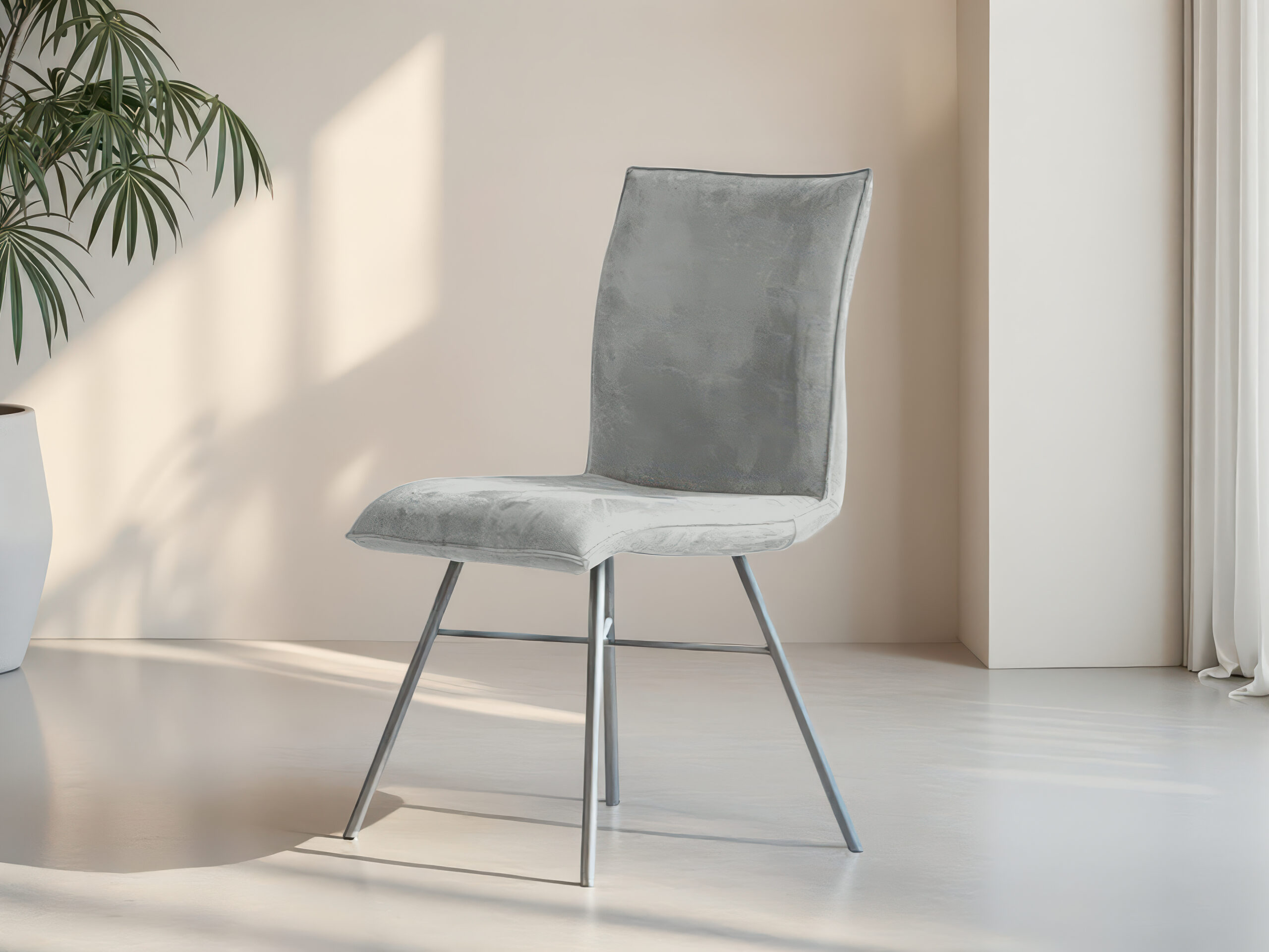 Tijdloze stoel met comfortabele rugleuning en zwarte metalen basis