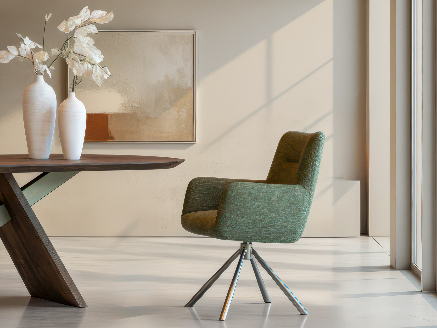 Subtiel gevormde eetkamerstoel met volle zitvorm en draaivoet