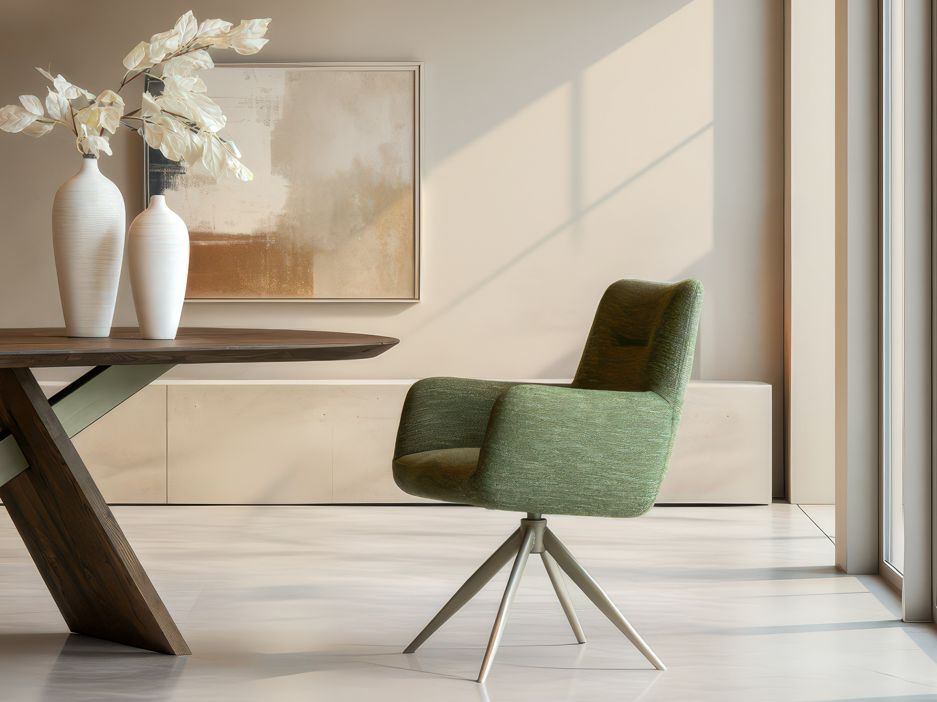 Draaibare eetkamerstoel met karakteristieke rug- en armvorm