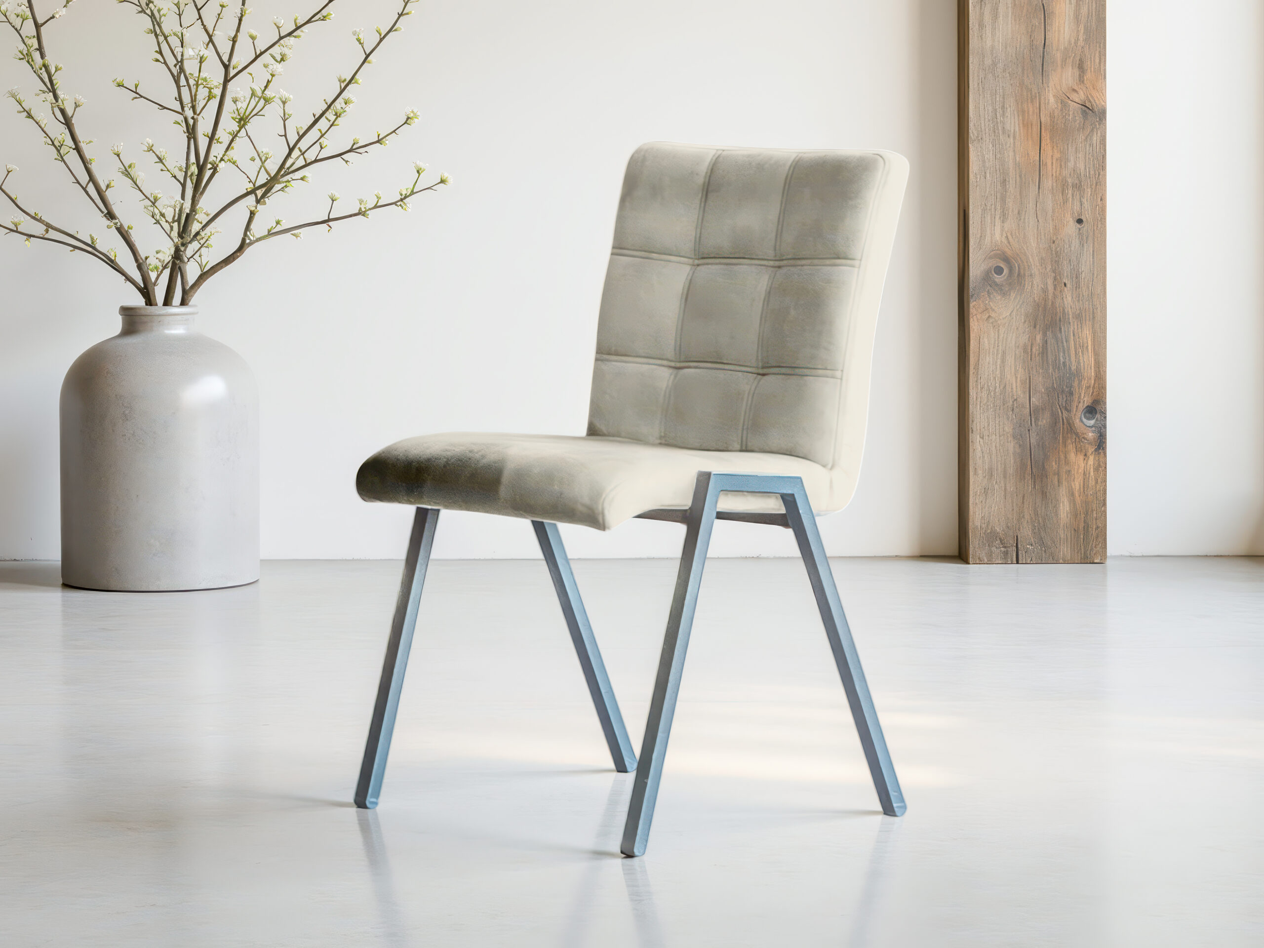 Zandkleurige moderne stoel met stevige bekleding