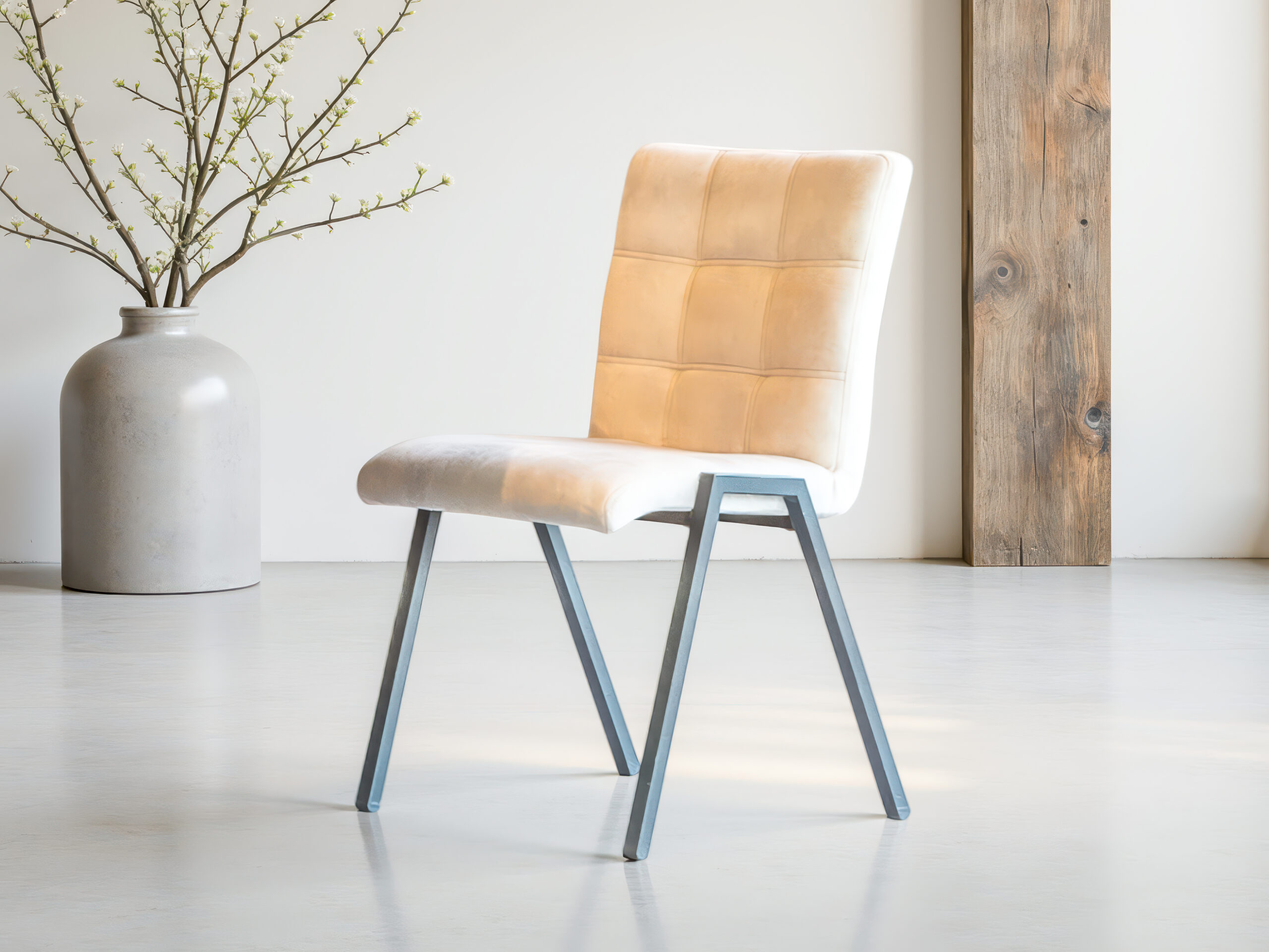 Lichte eetkamerstoel in een zachte velvet stof met zwart stalen onderstel