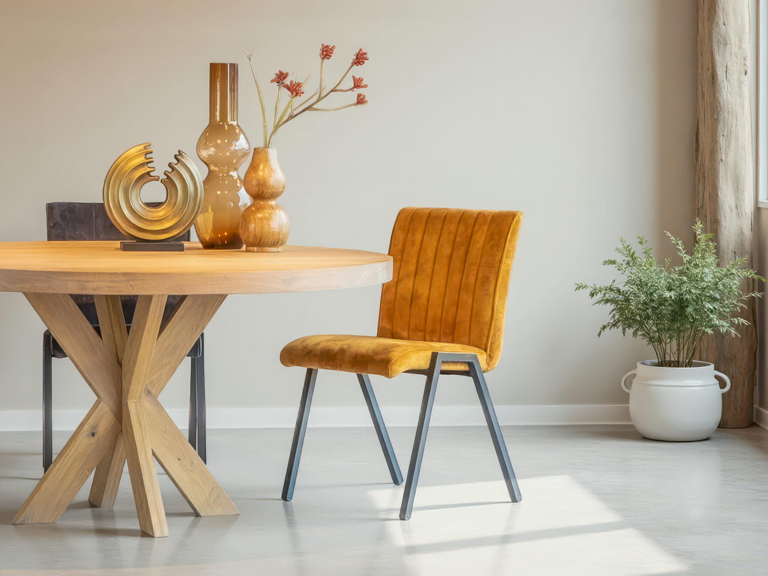 Mosterdgele fluwelen eetkamerstoel met zwarte metalen poten