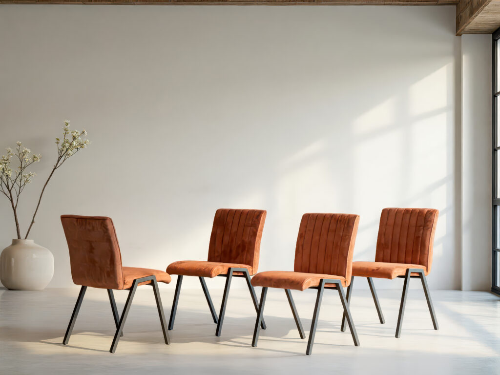 Bruine eetkamerstoel met verticale rugstiksels en zwart metalen frame