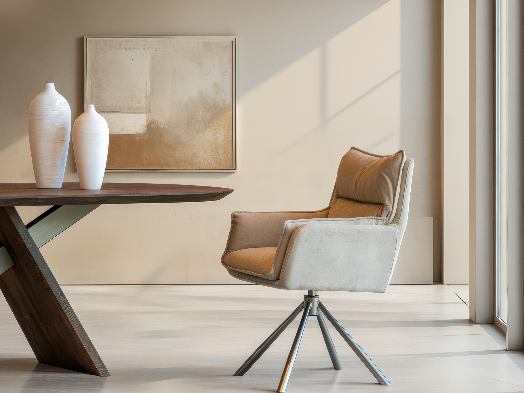 moderne eetstoel met sierlijke stoffering en speels lijnenspel