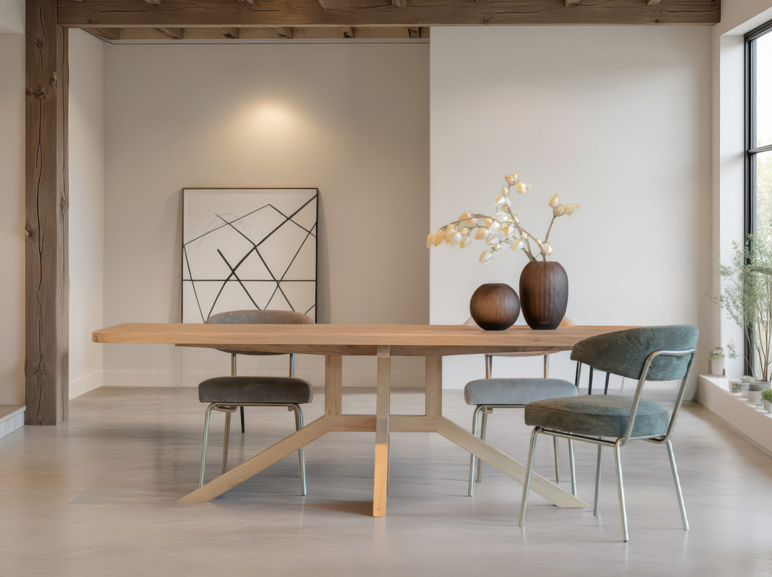 Eetkamerstoel in groene stof met champagne onderstel