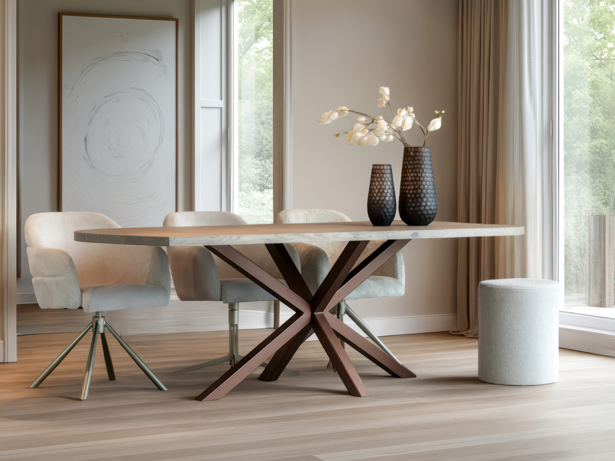 Robuuste eettafel met natuurlijk houten blad en speels gekleurd gekruiste poten