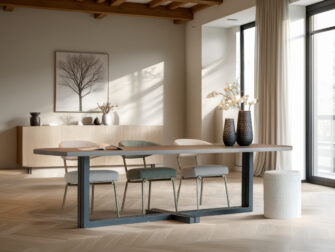 Rechthoekige eettafel met massief blad en gesloten metalen frameonderstel