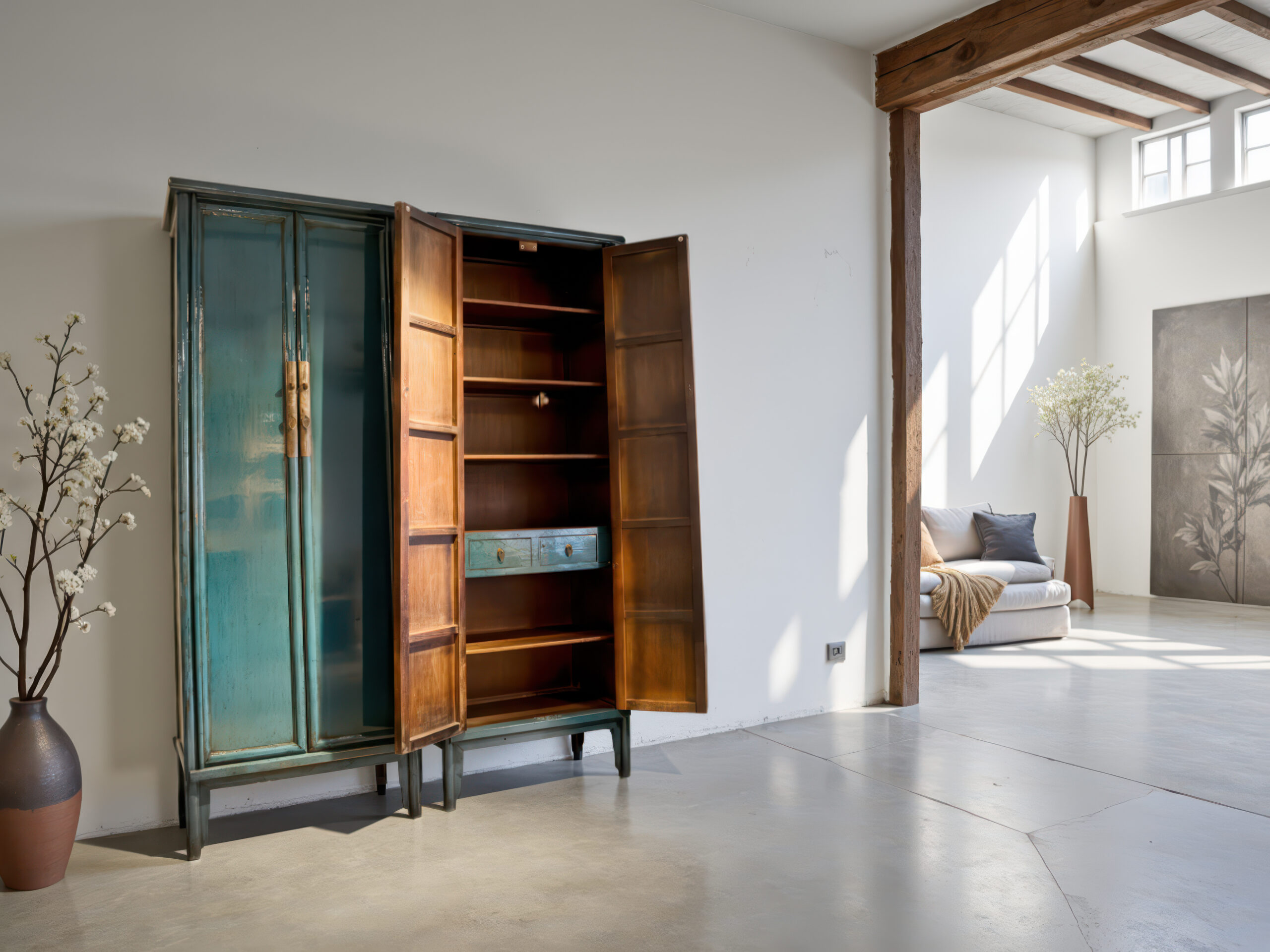 Elegante Chinese hoogglans kast met slank silhouet en traditionele details