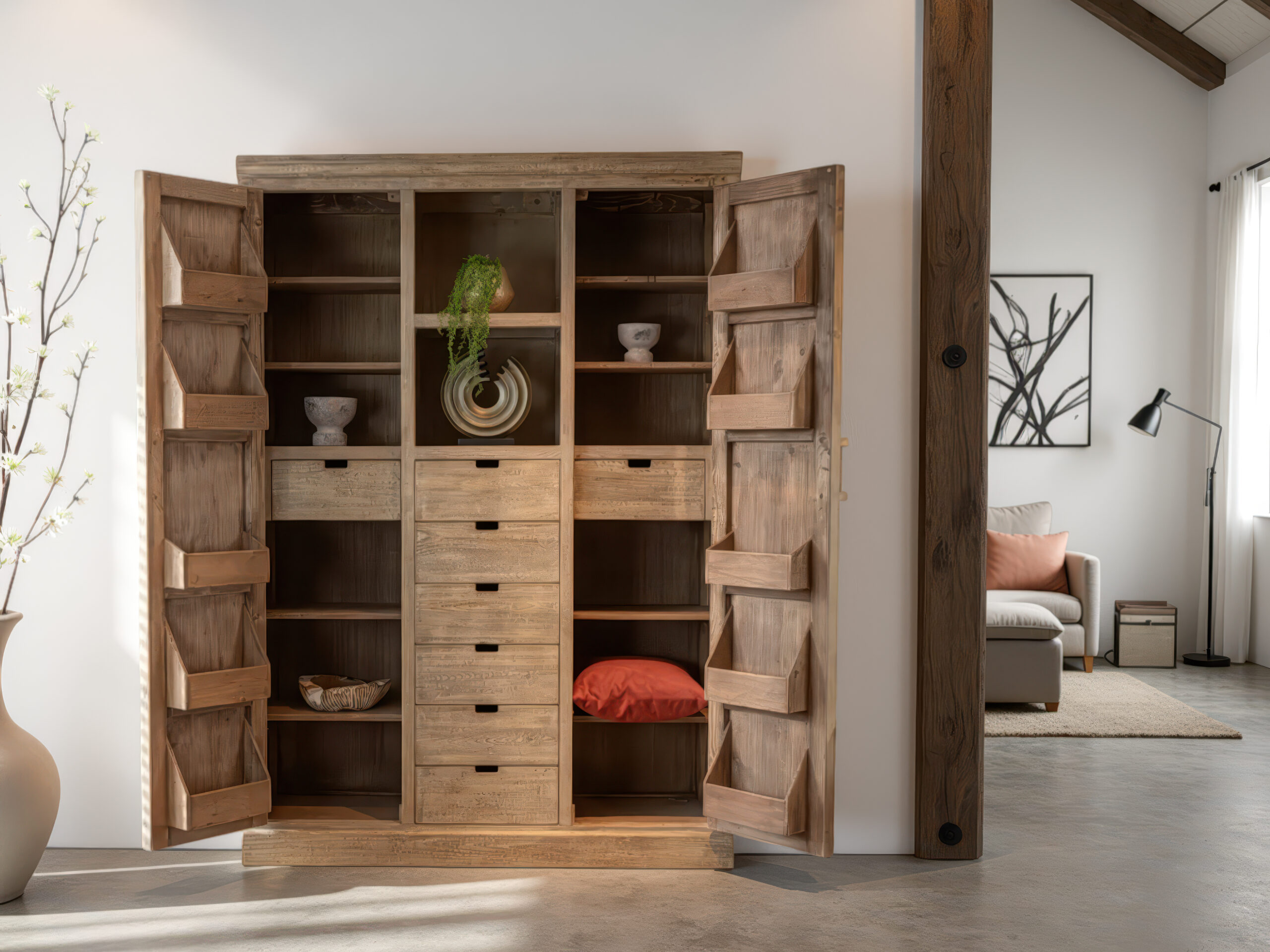 Stoere kast van oud Chinees hout met naturel afwerking en centraal geplaatste open vakken en lades